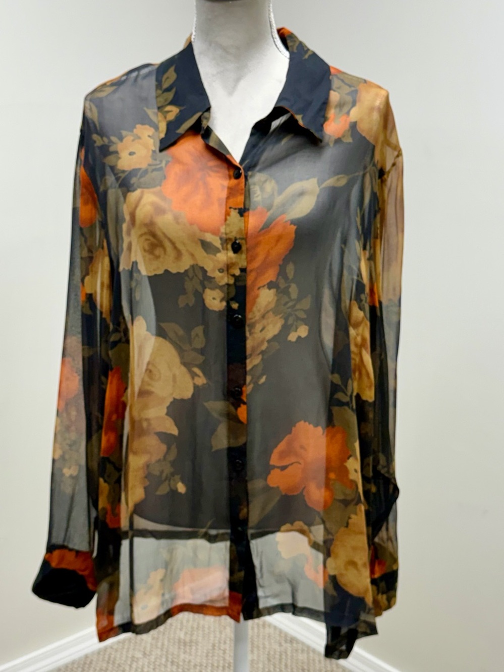 Vintage BOB MACKIE Wearable Art  Silk Blouse Top 2XL Sheer Button Up Boho Luxury